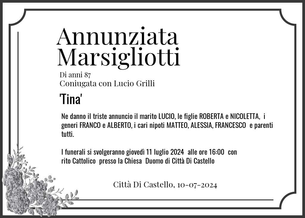 Manifesto funebre di Annunziata Tina Marsigliotti Città Di Castello