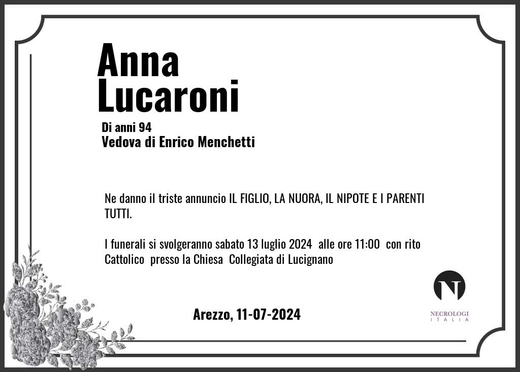 Manifesto funebre di Anna  Lucaroni Arezzo