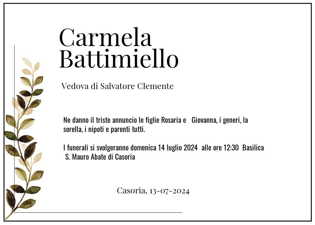 Manifesto funebre di Carmela  Battimiello Casoria