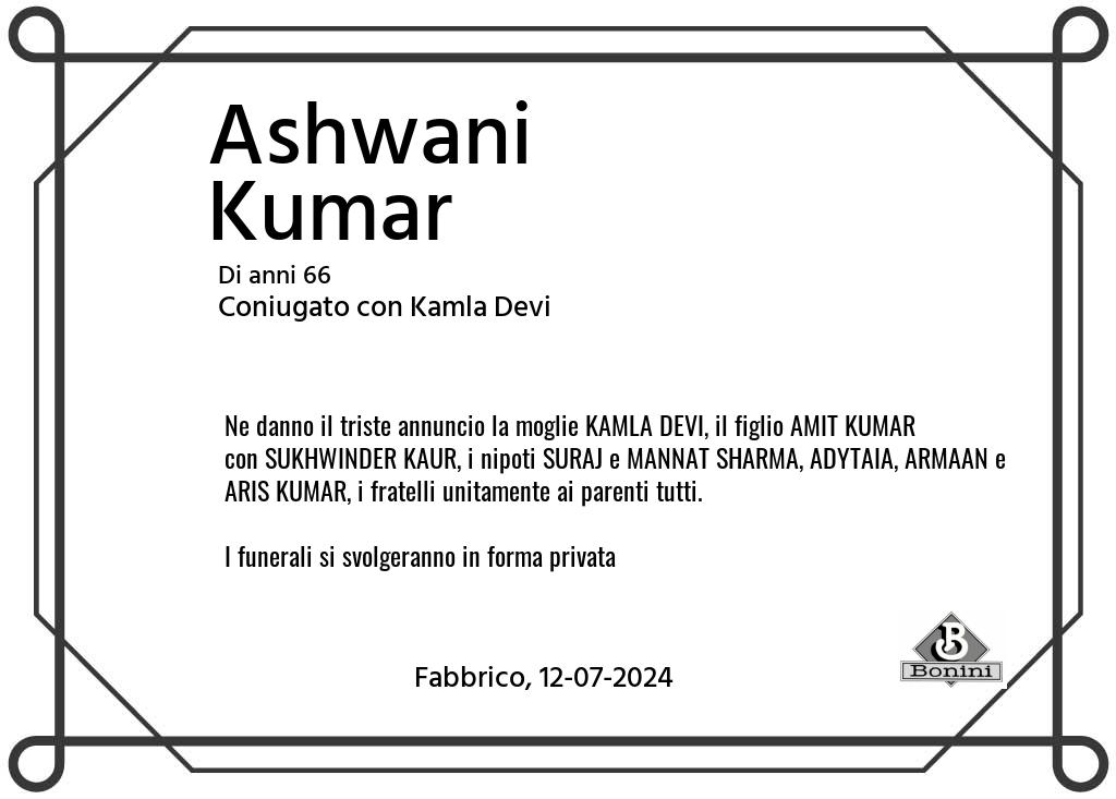 Manifesto funebre di Ashwani  Kumar Fabbrico