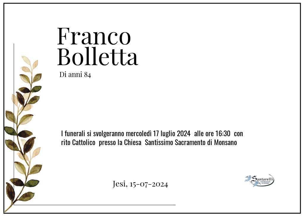 Manifesto funebre di Franco  Bolletta Jesi