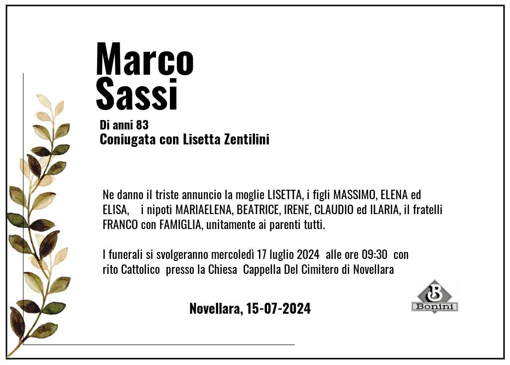 Manifesto funebre di Marco  Sassi Novellara