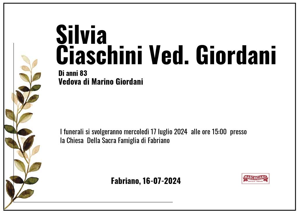 Manifesto funebre di Silvia  Ciaschini Ved. Giordani Fabriano