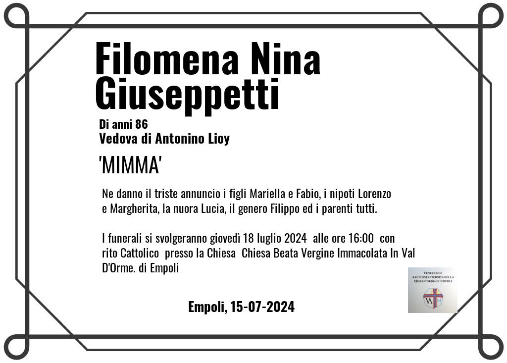 Manifesto funebre di Filomena Nina MIMMA Giuseppetti Empoli