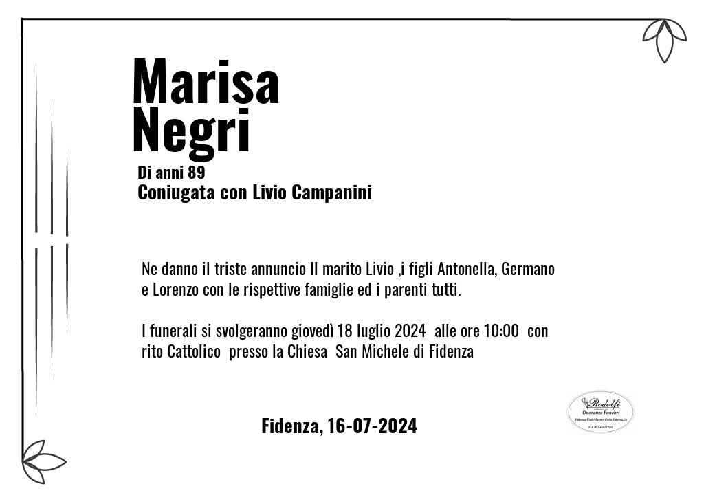 Manifesto funebre di Marisa  Negri Fidenza