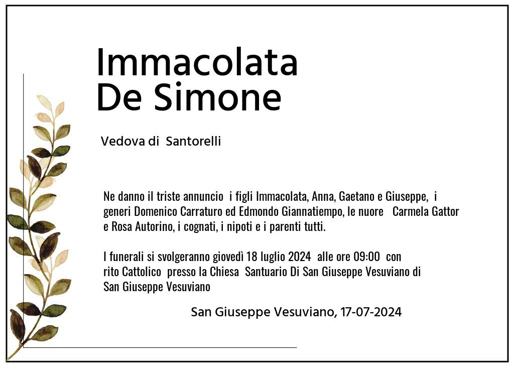 Manifesto funebre di Immacolata  De Simone San Giuseppe Vesuviano