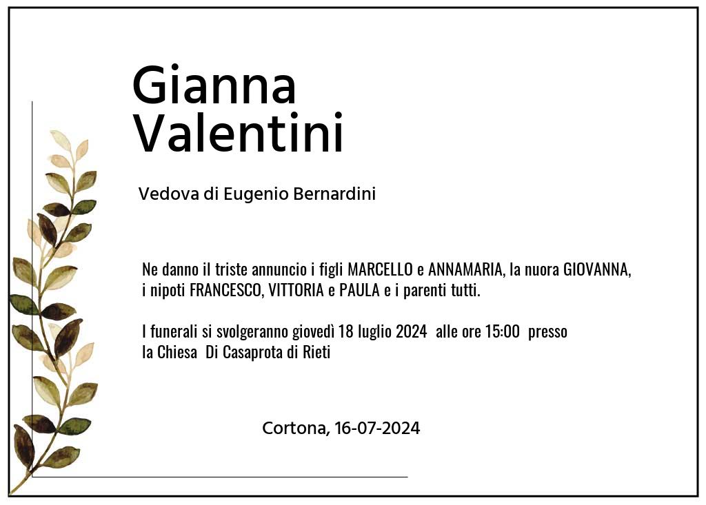 Manifesto funebre di Gianna  Valentini Cortona