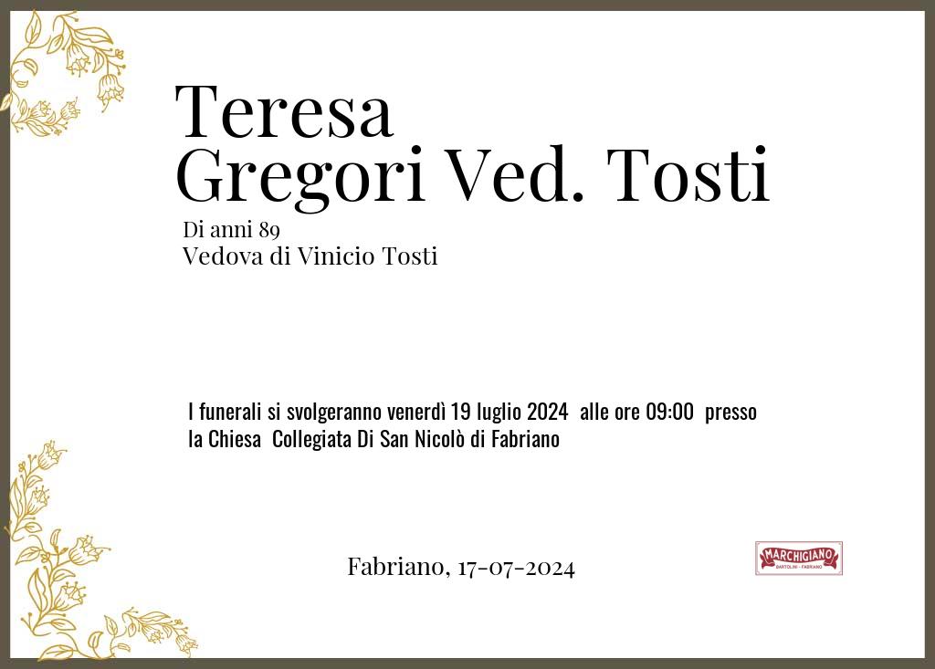 Manifesto funebre di Teresa  Gregori Ved. Tosti Fabriano