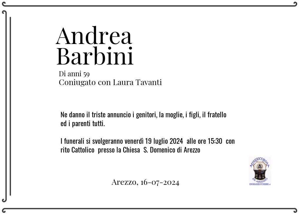 Manifesto funebre di Andrea  Barbini Arezzo