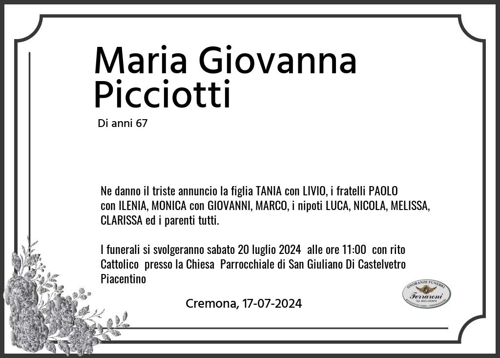 Manifesto funebre di Maria Giovanna  Picciotti Cremona