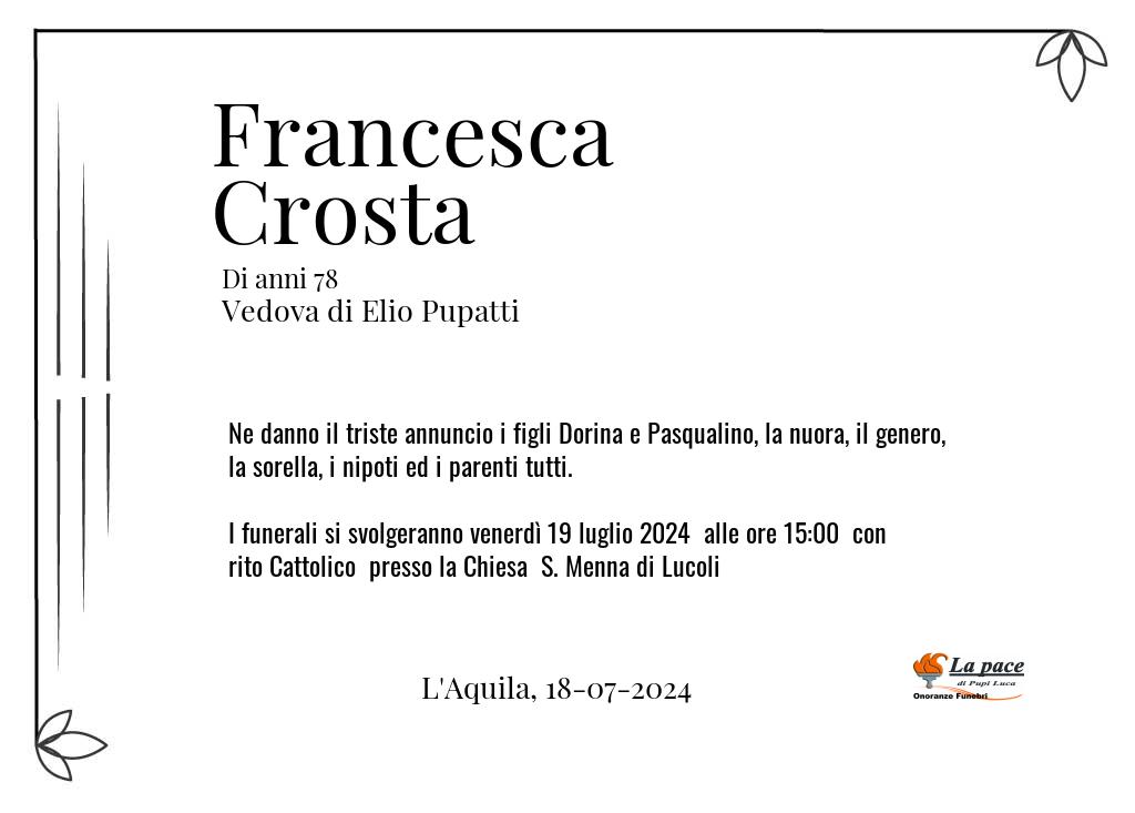 Manifesto funebre di Francesca  Crosta L'Aquila