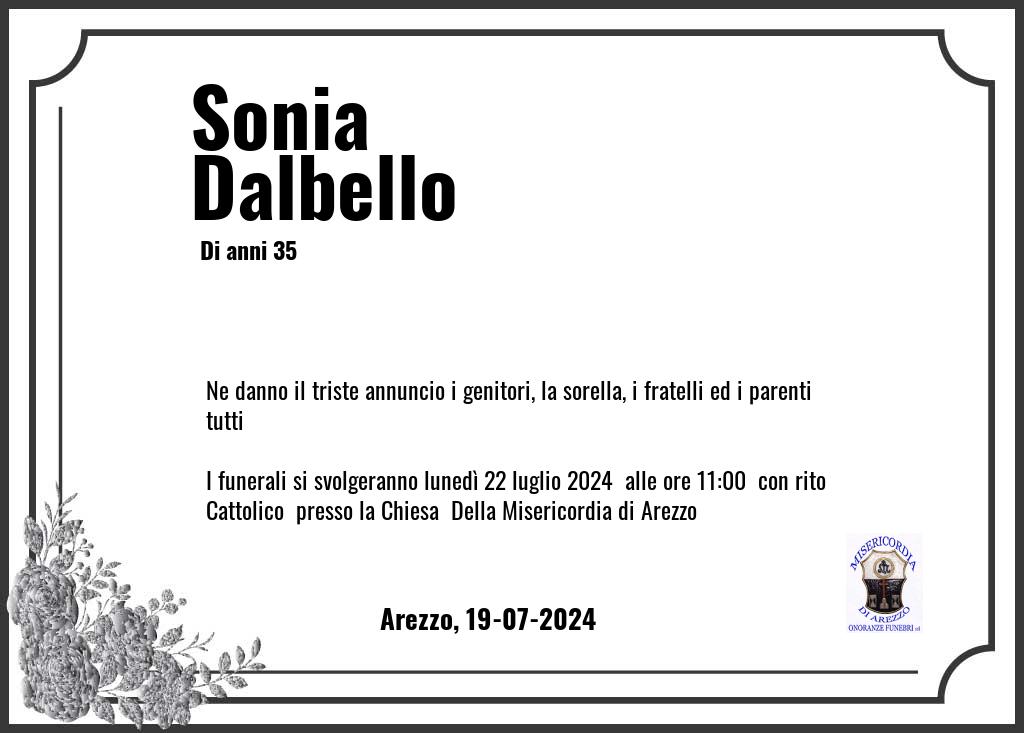 Manifesto funebre di Sonia  Dalbello Arezzo