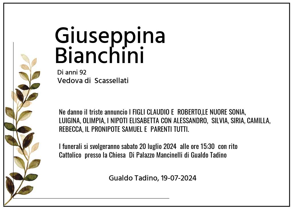 Manifesto funebre di Giuseppina  Bianchini Gualdo Tadino