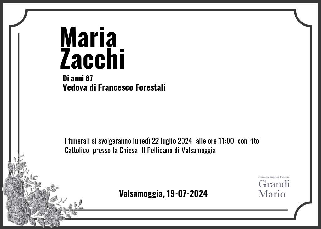 Manifesto funebre di Maria  Zacchi Valsamoggia