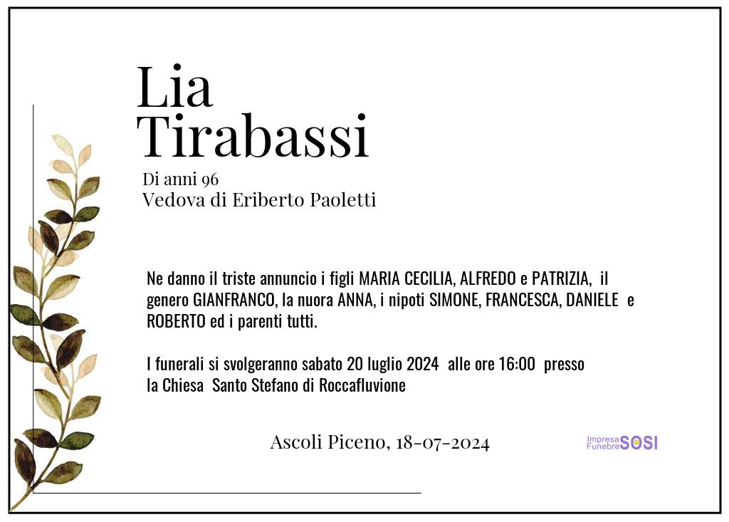 Manifesto funebre di Lia  Tirabassi Ascoli Piceno