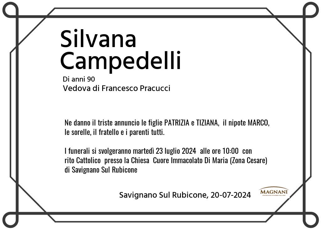 Manifesto funebre di Silvana  Campedelli Savignano Sul Rubicone