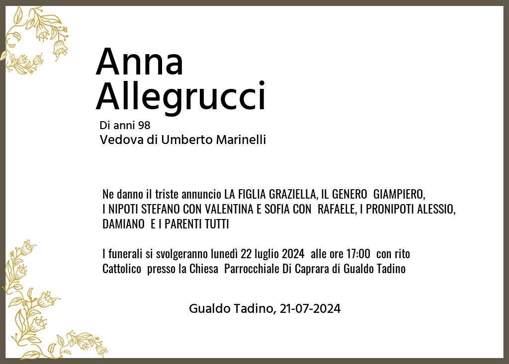 Manifesto funebre di Anna  Allegrucci Gualdo Tadino