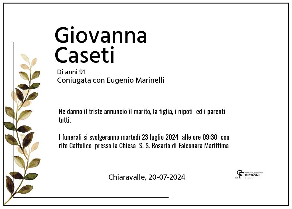 Manifesto funebre di Giovanna  Caseti Chiaravalle