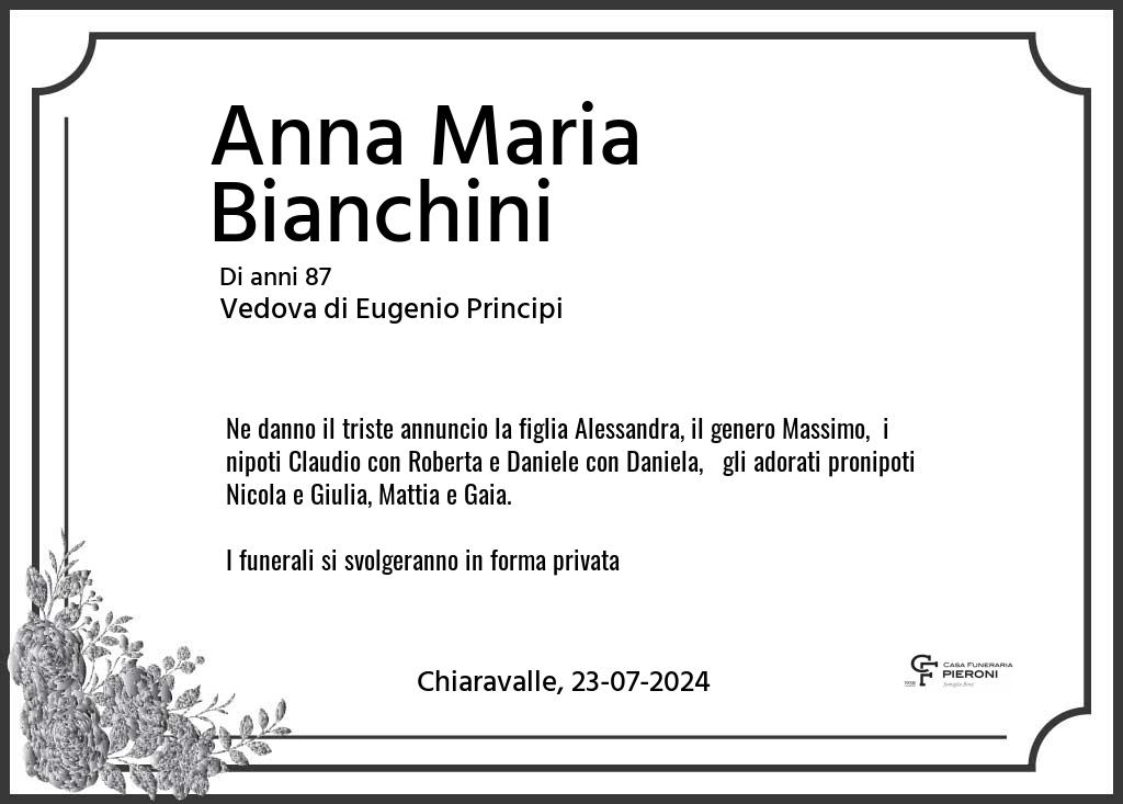 Manifesto funebre di Anna Maria  Bianchini Chiaravalle