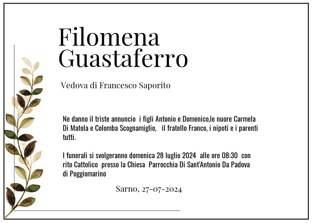 Manifesto funebre di Filomena  Guastaferro Sarno