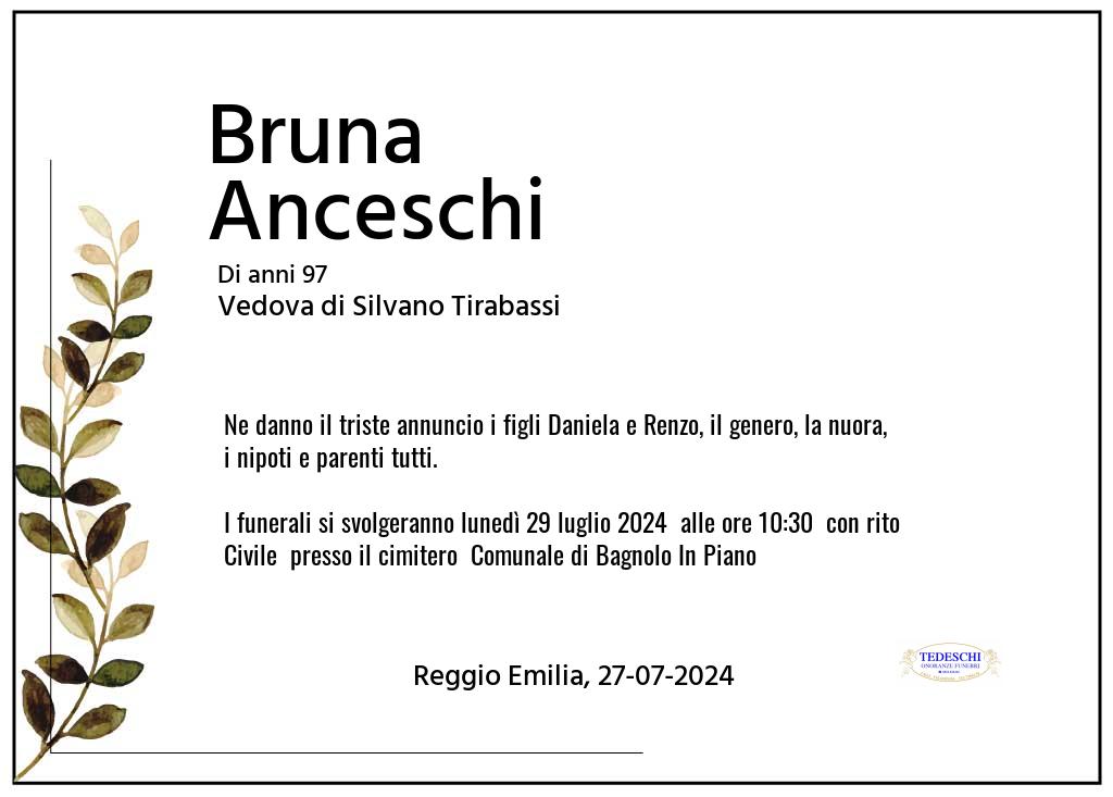 Manifesto funebre di Bruna  Anceschi Reggio Emilia