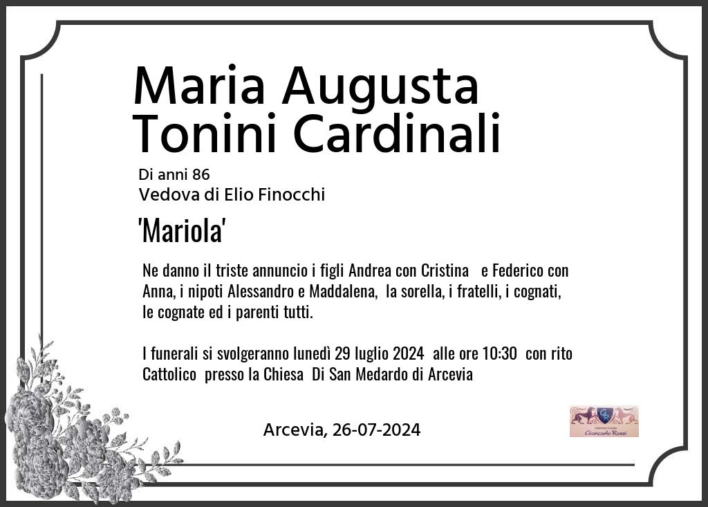 Manifesto funebre di Maria Augusta Mariola Tonini Cardinali Arcevia