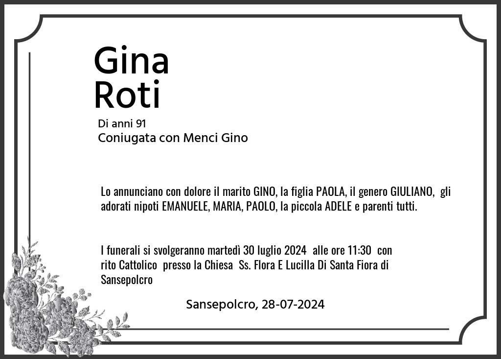 Manifesto funebre di Gina  Roti Sansepolcro