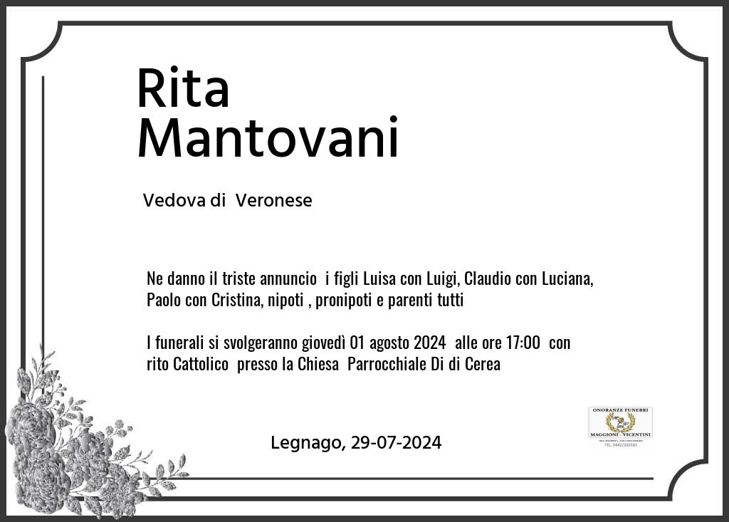 Manifesto funebre di Rita  Mantovani Legnago