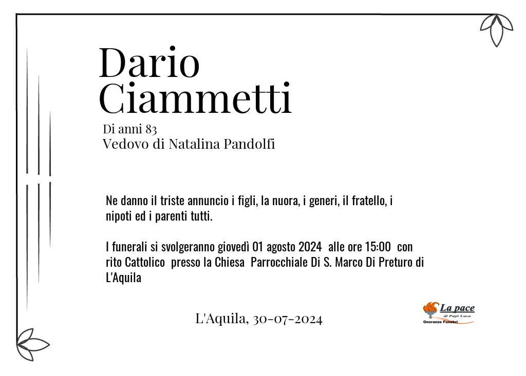 Manifesto funebre di Dario  Ciammetti L'Aquila