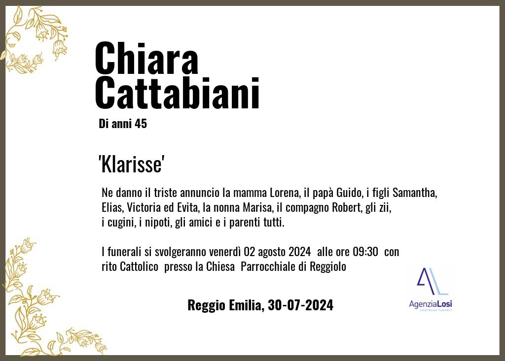 Manifesto funebre di Chiara Klarisse Cattabiani Reggio Emilia