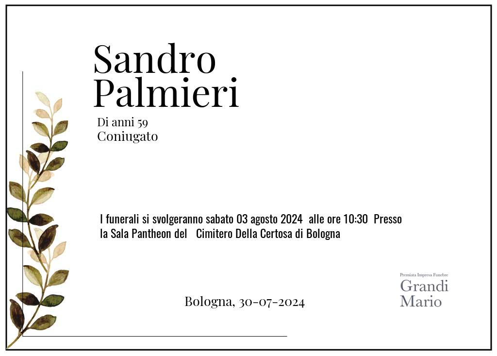 Manifesto funebre di Sandro  Palmieri Bologna