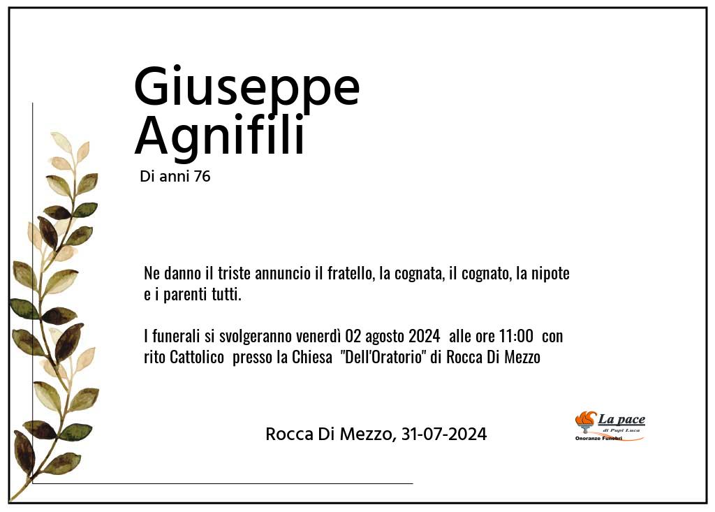 Manifesto funebre di Giuseppe  Agnifili Rocca Di Mezzo